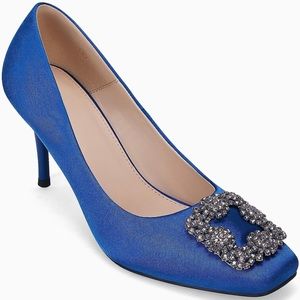Womens Square Toe Classic Slip On w Buckle High Heel Shoes, Stilettos, Blue, 8.5